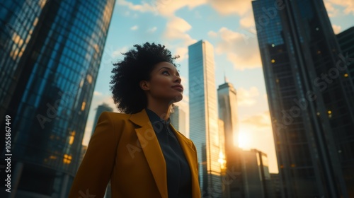 Determined businesswoman gazing up in the city among skyscrapers