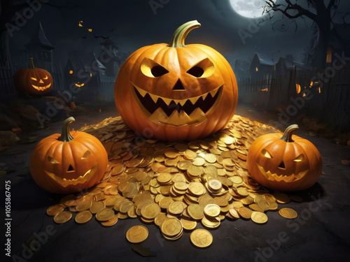 gold coins and halloween pumpkins photo