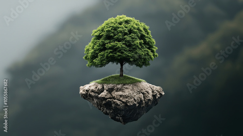 Floating island with green grass and a lush tree isolated against a blurred background