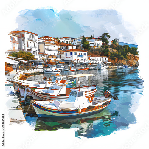 skiathos old port on the island of skiathos one of the greek islands highlighted by white, text area, png photo