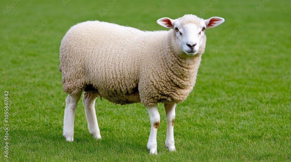 Fluffy White Sheep Standing in Green Grass Field Fluffy White Sheep Standing in Green Grass Field