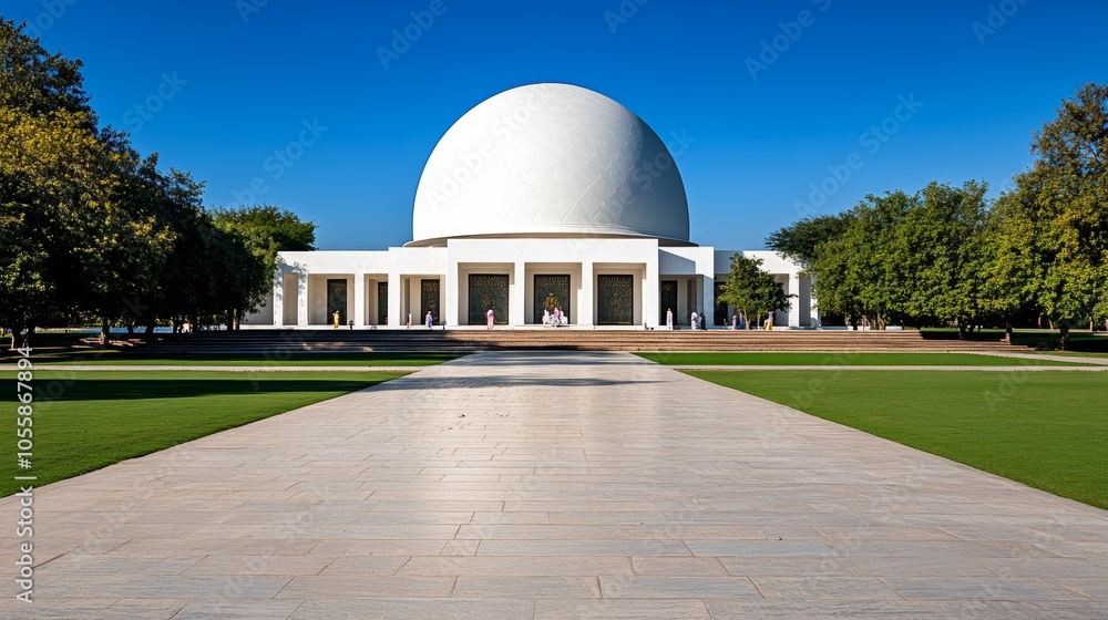 Obraz premium Modern White Dome Building with Pathway and Greenery