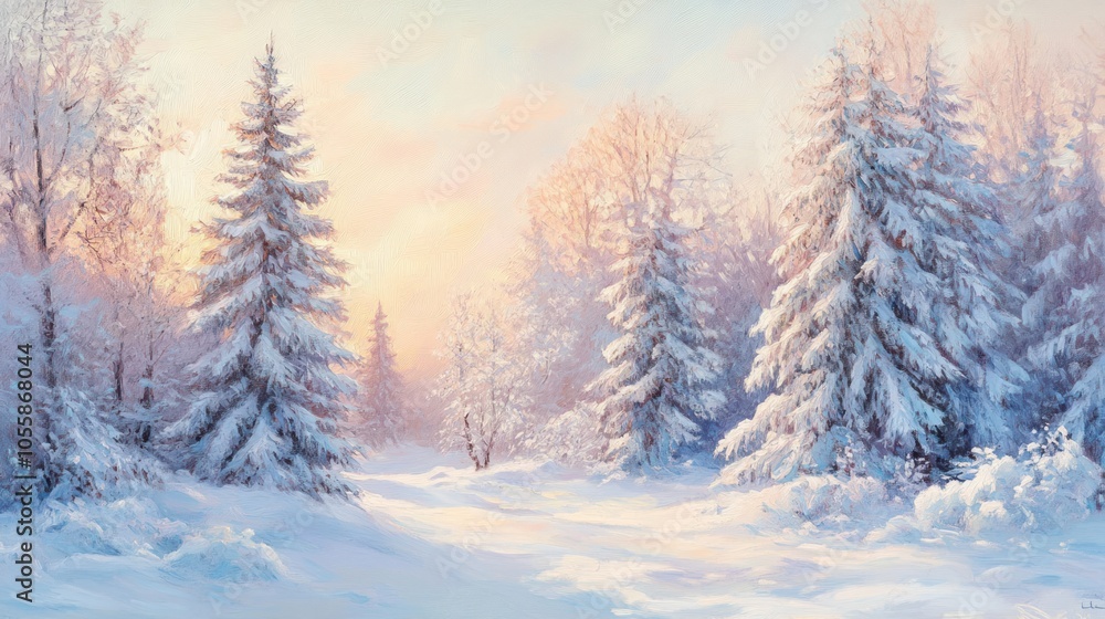 Fototapeta premium The sunrise shines on the snow-covered pine trees