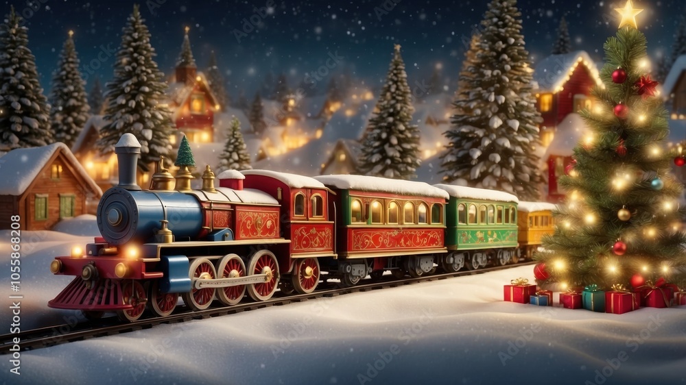 A Playful Christmas Toy Train, Brightly Decorated for the Holidays, Traveling Along Its Tracks Amidst a Joyful Winter Scene Filled with Snow and Cheer A Playful Christmas Toy Train, Brightly Decorated for the Holidays, Traveling Along Its Tracks Amidst a Joyful Winter Scene Filled with Snow and Cheer