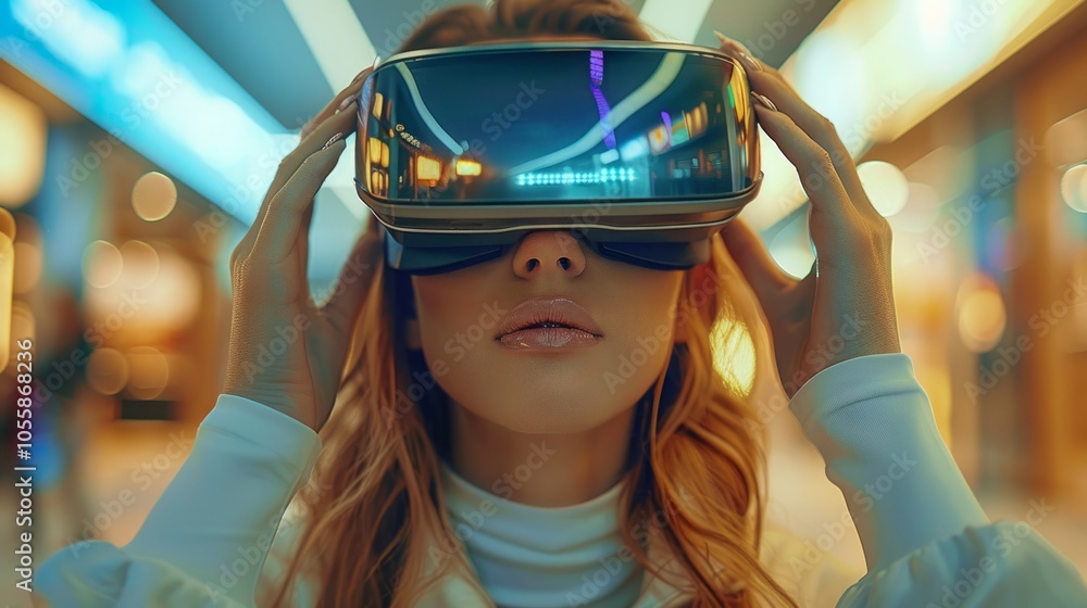 Woman touching air in VR glasses. Woman touching air in VR glasses.