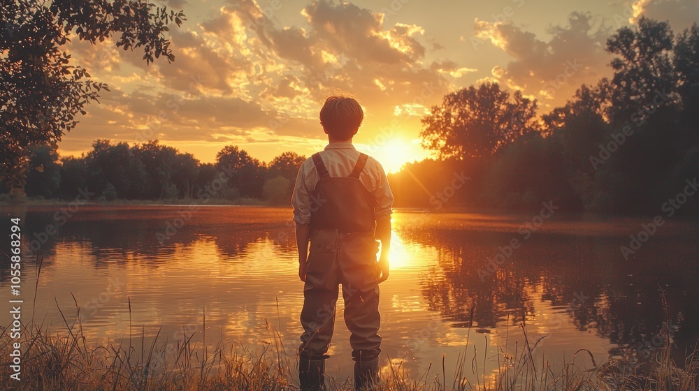 A Solitary Figure Contemplating the Sunset Over a Lake A Solitary Figure Contemplating the Sunset Over a Lake