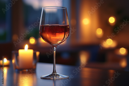 Crystal glass of red wine positioned on a table with ambient lighting during a cozy evening