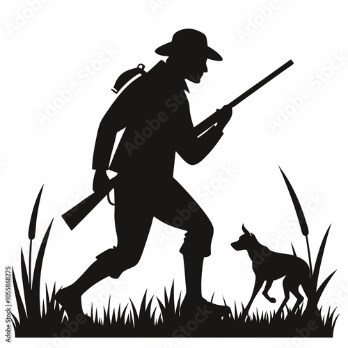 Hunter stalking vector illustration silhouette on white background