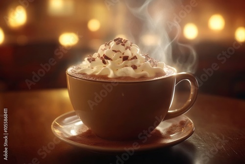 Steaming hot chocolate topped with whipped cream.