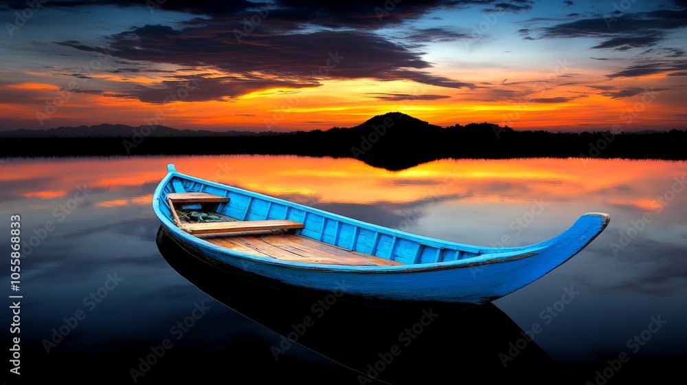 Blue Rowboat on Still Water at Sunset with Mountain Silhouette Blue Rowboat on Still Water at Sunset with Mountain Silhouette