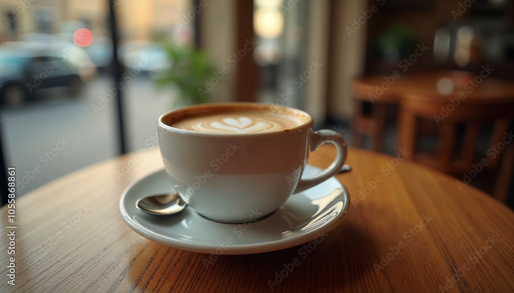 A cup of cappuccino or latte with a heart-shaped design in the foam, sitting on a wooden table in a cafe or coffee shop setting A cup of cappuccino or latte with a heart-shaped design in the foam, sitting on a wooden table in a cafe or coffee shop setting