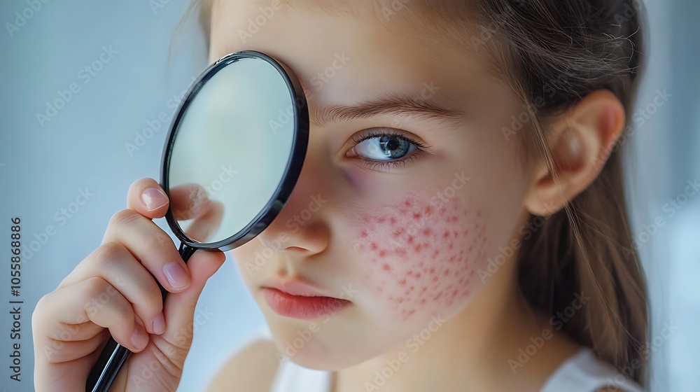 Young girl with visible acne, using a magnifying mirror to examine her skin Young girl with visible acne, using a magnifying mirror to examine her skin