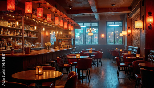 A cozy and dimly lit bar or restaurant interior with wooden tables and chairs, red lanterns hanging from the ceiling, and large windows overlooking a city street