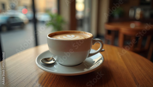 A cup of cappuccino or latte with a heart-shaped design in the foam, sitting on a wooden table in a cafe or coffee shop setting