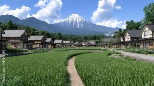 Mount Fuji towers over vibrant rice fields and quaint houses, bathed in natural light under a vivid blue sky with fluffy clouds, capturing Japan’s serene beauty photo