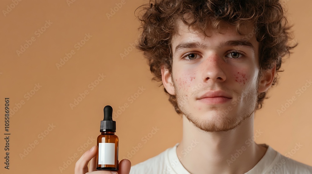 Young man with acne on his cheeks, looking hopeful as he holds a bottle of skincare serum