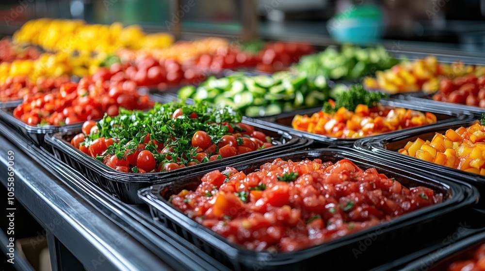 Colorful display of fresh vegetables and herbs in trays.