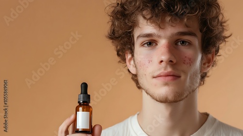 Obraz na płótnie Young man with acne on his cheeks, looking hopeful as he holds a bottle of skincare serum w salonie