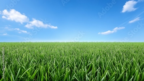 Lush Green Grass Field with Blue Sky and Clouds