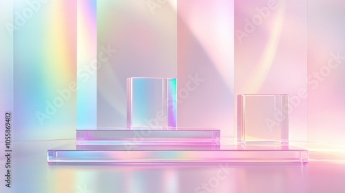Wallpaper Mural Surreal abstract scene featuring an empty stage with three clear glass rectangular podiums against a pastel holographic background ideal for showcasing cosmetic product packaging mockups Torontodigital.ca