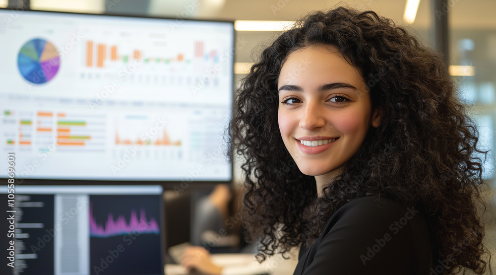 A confident young businesswoman smiles in front of a large screen displaying various data charts and graphs. A confident young businesswoman smiles in front of a large screen displaying various data charts and graphs.