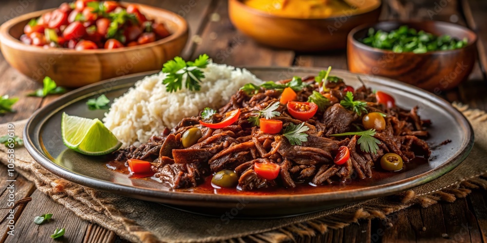 Long Exposure of Ropa Vieja: A Traditional Cuban Dish with Rich Colors and Textures Long Exposure of Ropa Vieja: A Traditional Cuban Dish with Rich Colors and Textures