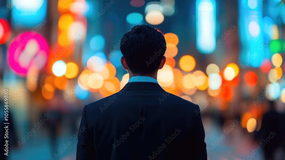 Back view of a businessman with bokeh lights in the background set in a dynamic urban environment Back view of a businessman with bokeh lights in the background set in a dynamic urban environment