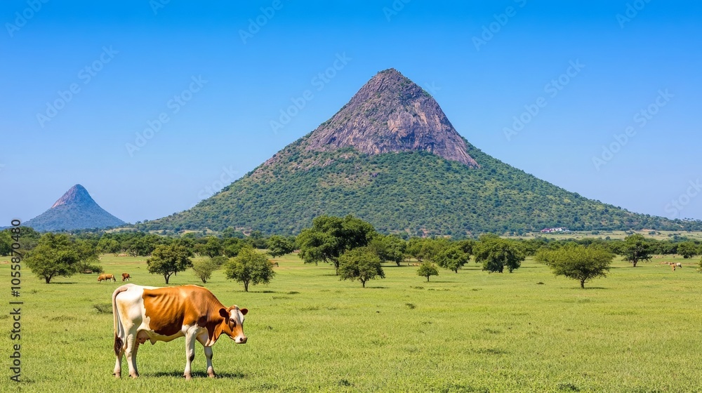 Cow Grazing in Grassland with Mountain Background Cow Grazing in Grassland with Mountain Background