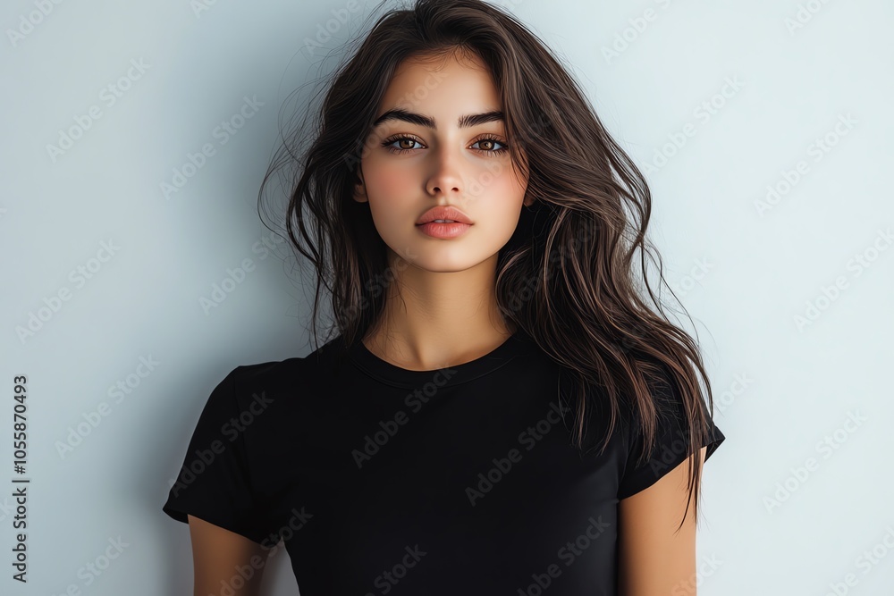 A beautiful woman in a black T-shirt poses under studio lights, against a simple white background. A beautiful woman in a black T-shirt poses under studio lights, against a simple white background.
