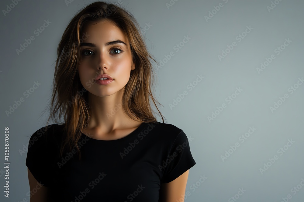 A beautiful woman in a black T-shirt stands confidently under soft studio lighting, with a plain white backdrop. A beautiful woman in a black T-shirt stands confidently under soft studio lighting, with a plain white backdrop.