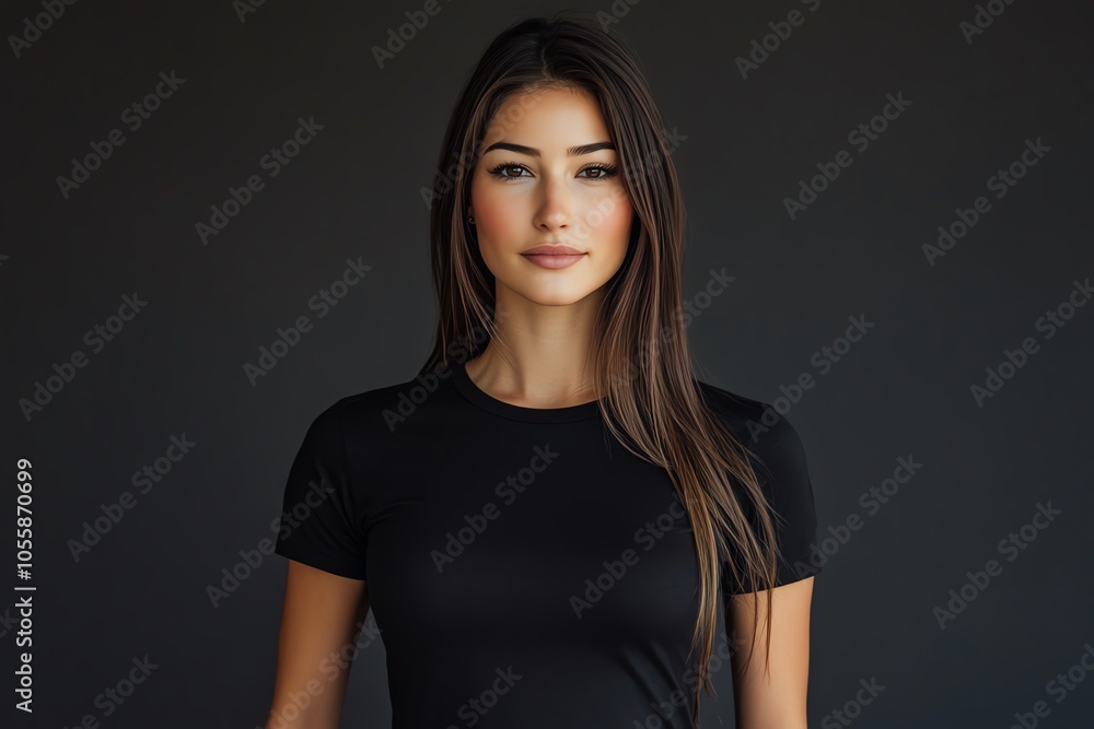 A beautiful woman in a fitted black T-shirt strikes a confident pose under studio lighting, with a plain beige backdrop. A beautiful woman in a fitted black T-shirt strikes a confident pose under studio lighting, with a plain beige backdrop.
