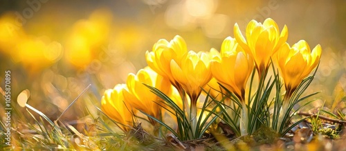 Closeup Yellow Wild Crocus Flowersin Forest Beautiful Natural Background photo