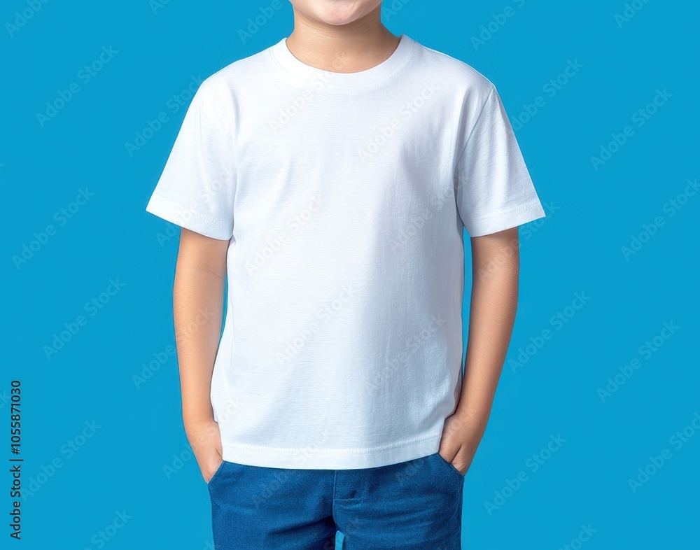 Smiling boy in a blank t-shirt, standing confidently, blue background. Smiling boy in a blank t-shirt, standing confidently, blue background.