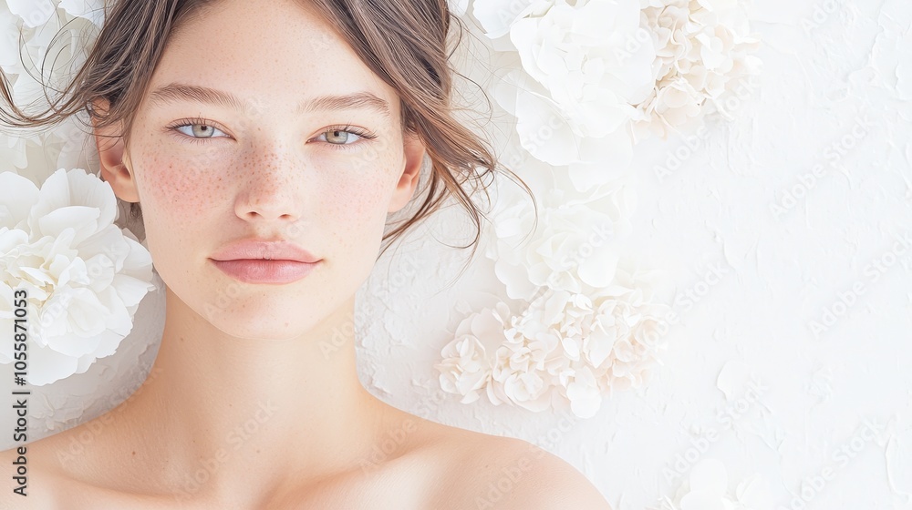 Natural beauty and serenity a captivating portrait of a young woman surrounded by delicate white flowers in soft light Natural beauty and serenity a captivating portrait of a young woman surrounded by delicate white flowers in soft light