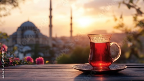 Aromatic Turkish tea served in a classic bardak glass set against a scenic backdrop featuring a mosque minaret photo