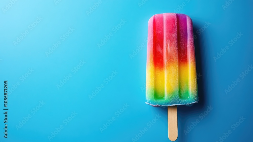 Vibrant rainbow popsicle against a blue backdrop a delightful summer indulgence Vibrant rainbow popsicle against a blue backdrop a delightful summer indulgence