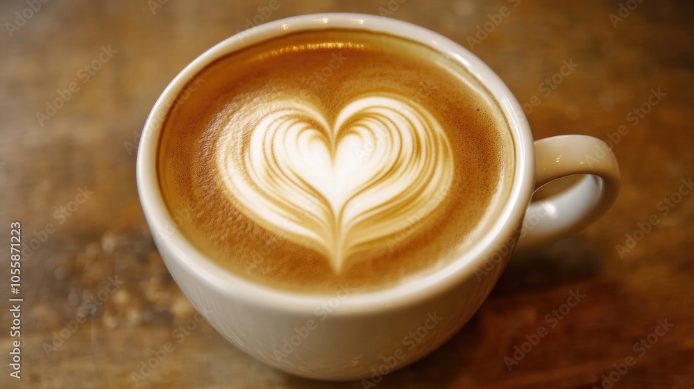 A close up view of latte art shaped like a heart in a coffee cup set on a textured wooden table