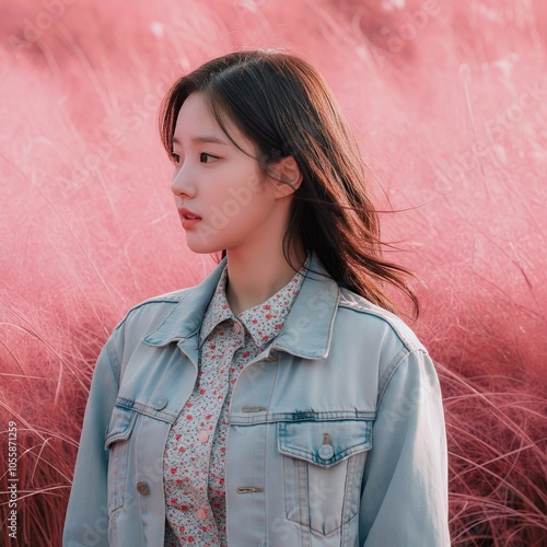 Image of young woman in the fall fields with pink muhly grass in bloom. photo