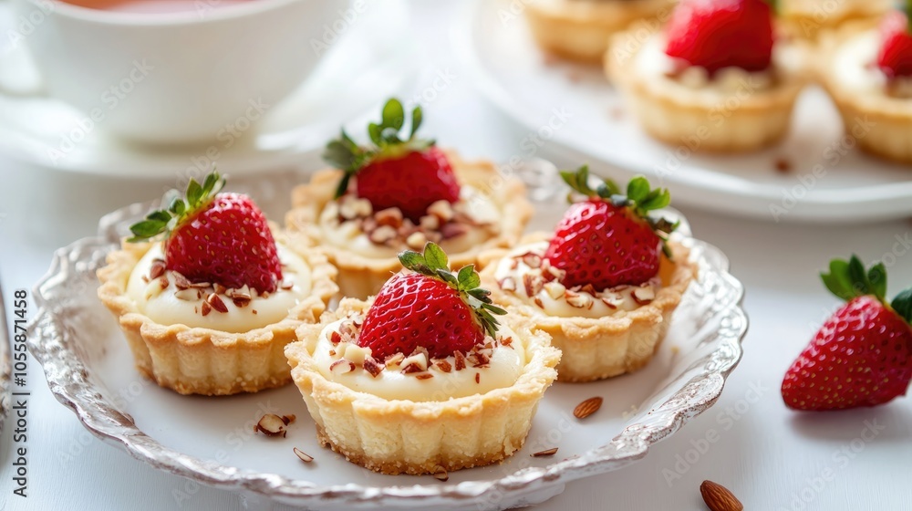 Banner featuring small tartlet pastries filled with vanilla custard adorned with strawberries and almond sprinkles accompanied by tea on a white background Concept of homemade desserts Banner featuring small tartlet pastries filled with vanilla custard adorned with strawberries and almond sprinkles accompanied by tea on a white background Concept of homemade desserts