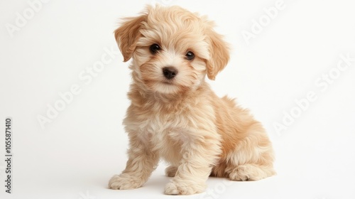 A charming Maltipoo puppy poses beautifully against a clean white background