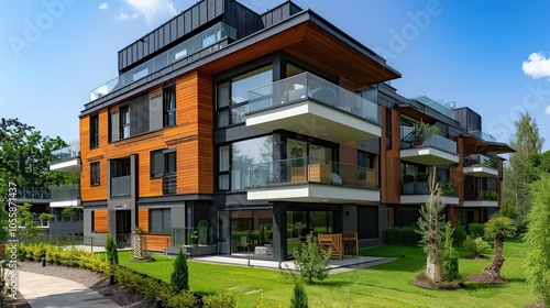 Modern apartment building with wooden facade and balconies in a green landscape.