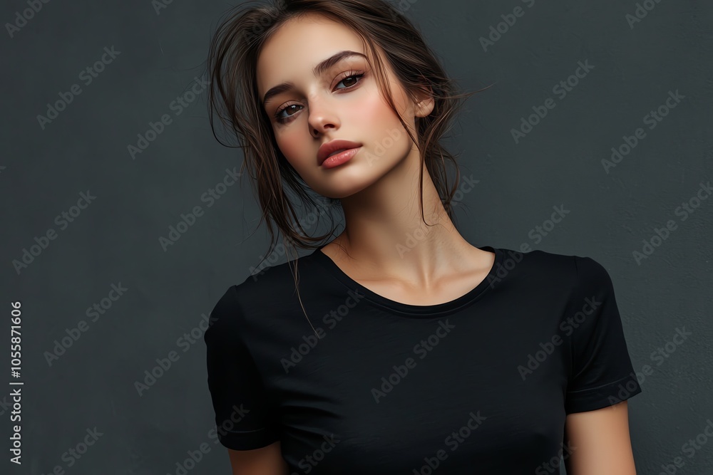 A beautiful woman in a fitted black T-shirt strikes a confident pose under studio lighting, with a plain beige backdrop. A beautiful woman in a fitted black T-shirt strikes a confident pose under studio lighting, with a plain beige backdrop.