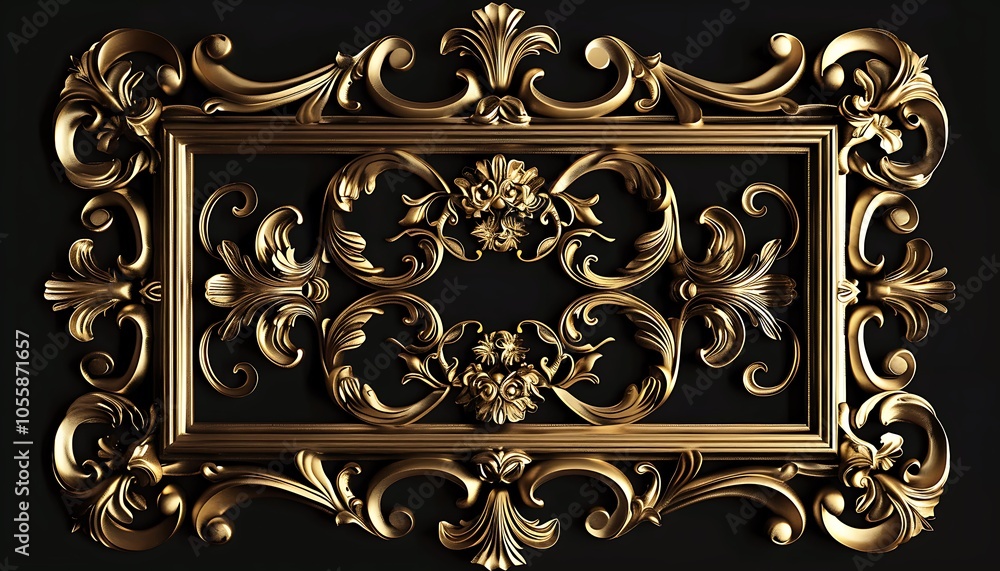 Ornate golden frame with intricate floral designs on a dark background. Ornate golden frame with intricate floral designs on a dark background.