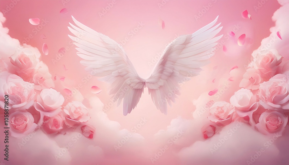 White wings with pink rose petals on cloud on pink background abstract - Valentine concept White wings with pink rose petals on cloud on pink background abstract - Valentine concept
