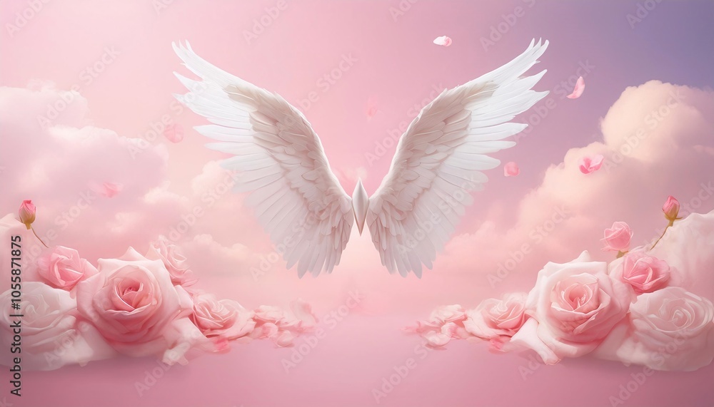 White wings with pink rose petals on cloud on pink background abstract - Valentine concept White wings with pink rose petals on cloud on pink background abstract - Valentine concept