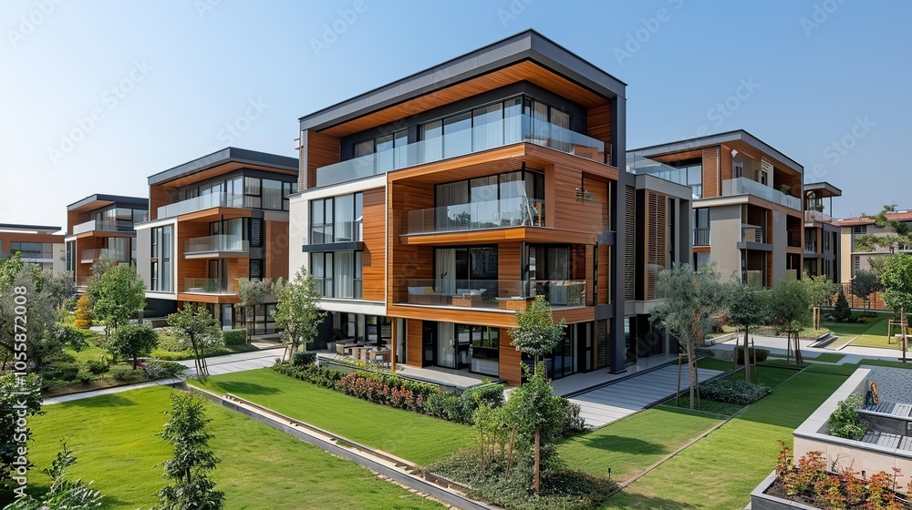 Modern residential complex with wooden facade and large windows, surrounded by green lawns and trees. Modern residential complex with wooden facade and large windows, surrounded by green lawns and trees.