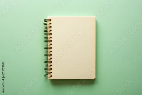 Minimalist spiral bound notebook mock up with cream colored page on light green background photo