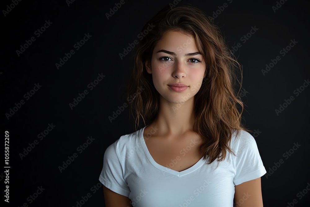 A beautiful young woman in a simple white T-shirt glows under soft studio lighting, with a solid black background. A beautiful young woman in a simple white T-shirt glows under soft studio lighting, with a solid black background.