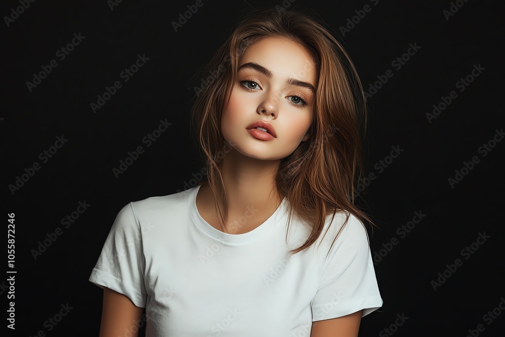 A beautiful young woman in a casual white T-shirt strikes a pose under bright studio lighting, with a clean black background. A beautiful young woman in a casual white T-shirt strikes a pose under bright studio lighting, with a clean black background.
