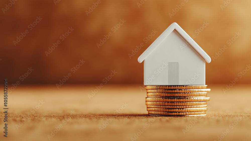 A house model placed on a stack of coins, representing real estate investment and financial growth.
